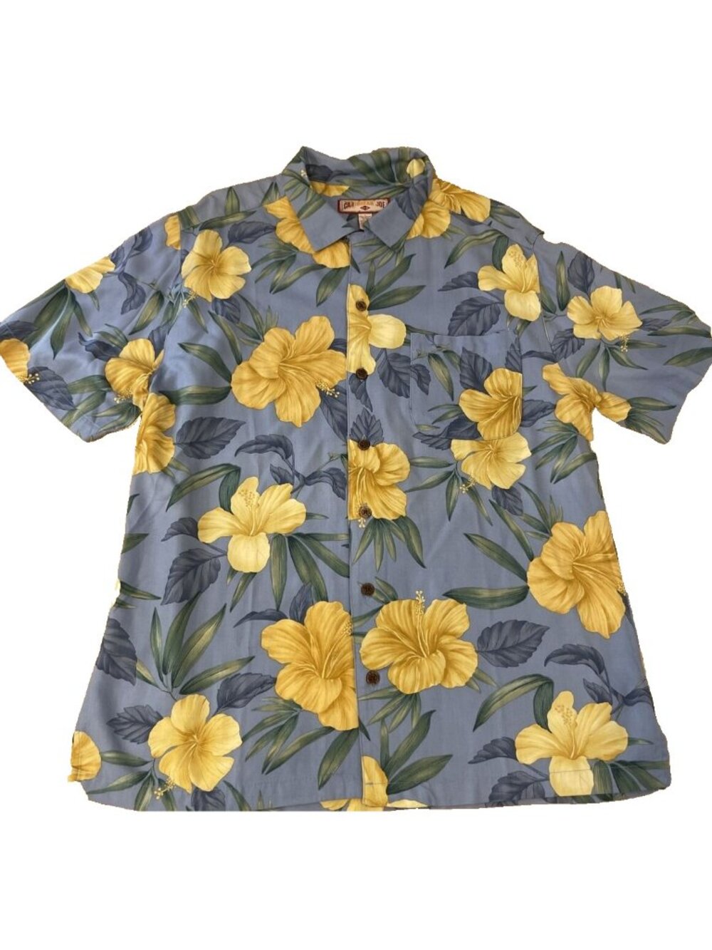 Caribbean Joe Blue Yellow Floral Rayon Hawaiian Shirt Mens Size L